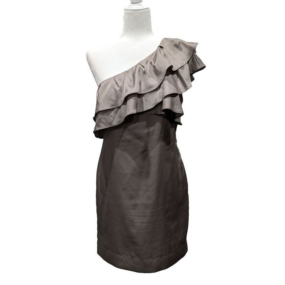 Apostrophe Taupe Sateen One Shoulder Double Ruffle Party Mini Dress, 6 - Picture 1 of 7